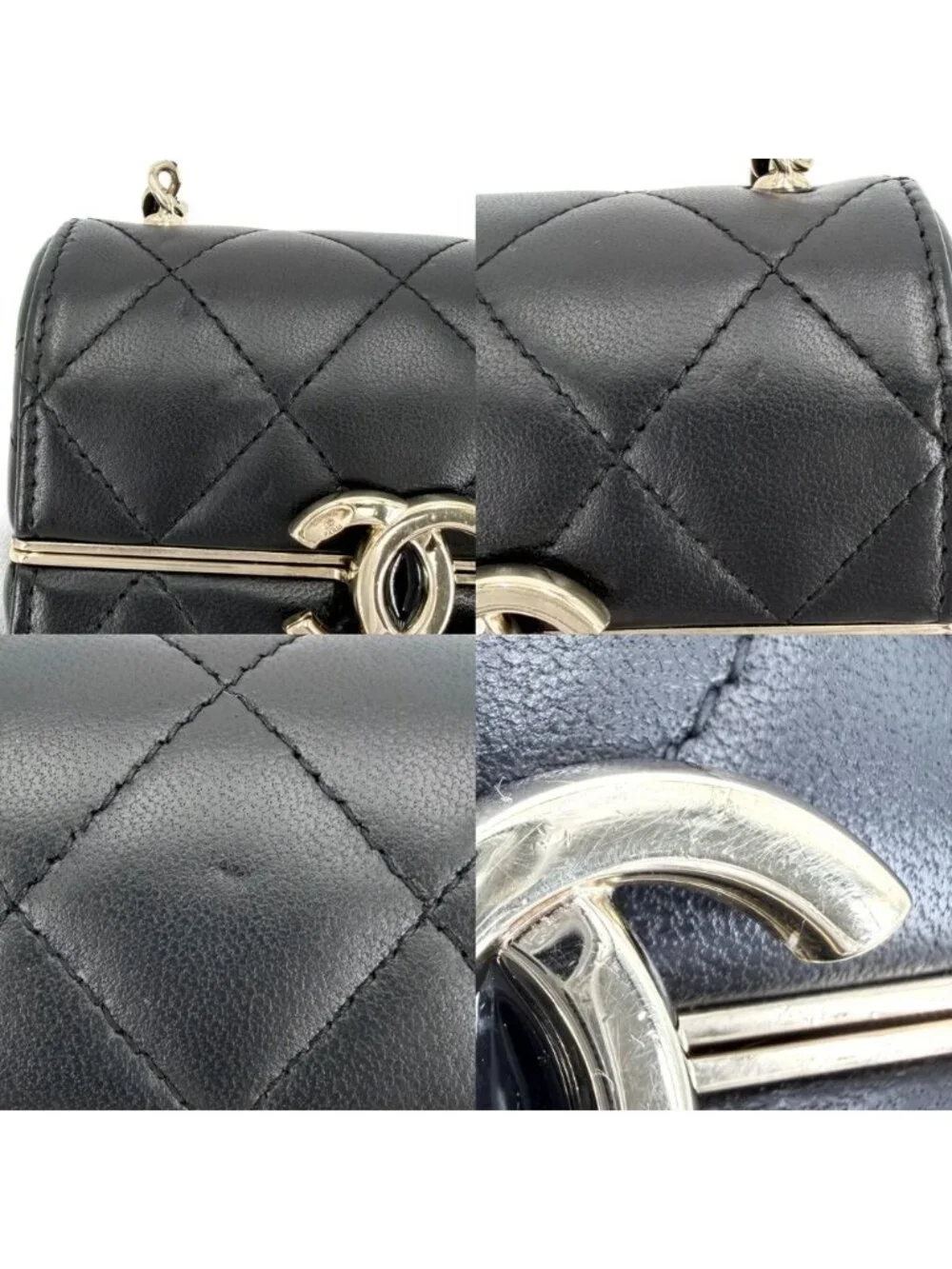 Chanel Shoulder Bag Quilted CC Logo Lambskin Black Gold Vintage